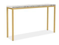 a white marble top and gold metal frame console table with an open shelf on the bottom