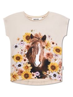 blush pink/multicolour stretch-cotton jersey texture graphic print to the front mini logo tag crew neck sleeveless straight hem Beige T Shirts, Baby Top, Chic Flowers, Horse T Shirts, Horse Print, Pink Tshirt, Baby Tshirts, Simple Dresses, T Shirt Top