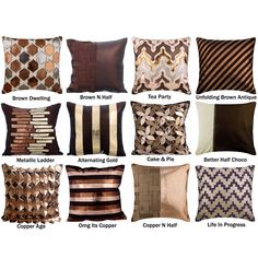 many different types of pillows with names on the front and back side, all in various colors