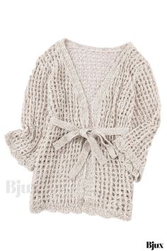 Bjux - Cubrepañal de punto y crochet con corbata, perfecto para ir a la moda en verano sin esfuerzo Knitted Summer Beach Sweater, Beach Crochet Knit Sweater, Beige Knitted Sweater For Vacation, Beige Summer Beach Sweater, Spring Beach Knitted Sweater, Beach Spring Knitted Sweater, One Size Beige Sweater For The Beach, One-size-fits-all Beige Sweater For The Beach, Beach Kimono