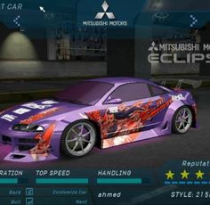 a purple car with flames on it in the game need for speed 2, which is being