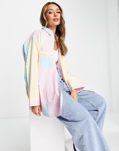 ASOS DESIGN oversized shirt with wide cuff detail in pastel stripes-Multi Patchwork Fashion, Pastel Stripes, Spring Color, Light Spring, Teacher Outfits, Cuff Detail, Wide Cuff, White Shirts, Oversized Shirt