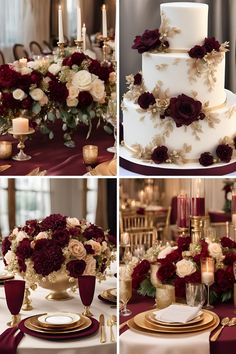 wedding cake with red and white flowers on it, surrounded by gold place settings at the head table