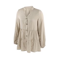 Apricot Button Pleated Long Sleeve Blouse Beige Button-up Solid Color Top, Beige Solid Color Button-up Top, Beige Long Sleeve Blouse With Button Closure, Casual Beige Blouse With Buttons, Button-up Beige Blouse With Button Cuffs, Beige Collared Blouse With Button Closure, Beige Fall Blouse With Button Cuffs, Beige Button-up Blouse With Buttons, Fall Beige Blouse With Button Closure