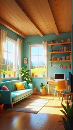 a living room filled with lots of furniture next to a window covered in sun light