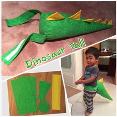 there is a collage of photos with different things in the background and an image of a boy standing next to a green dinosaur tail