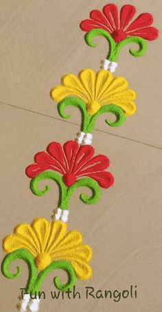 three flower designs on the floor with white and red trimmings, one is green and yellow