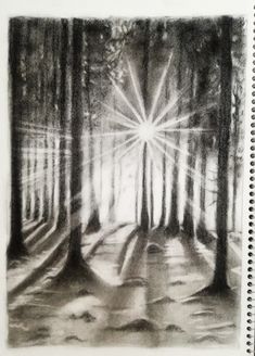 a black and white drawing of trees with the sun shining in the distance behind them