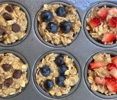 muffins with oats, strawberries and chocolate chips in the middle are ready to be baked