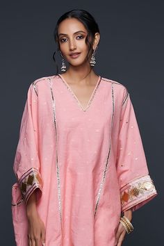 Peach kaftan with gota applique embroidery in jamdani base. - Aza Fashions Festive Pink Tunic, Traditional Pink Tunic For Festive Occasions, Pink Kaftan With Chikankari Embroidery, Kaftan Women, Applique Work, Applique Embroidery, Embroidery Applique, Aza Fashion, Three Quarter