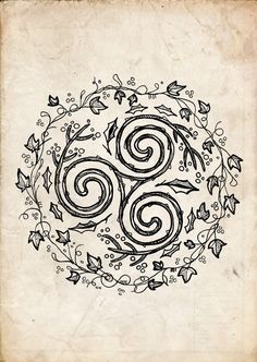 an artistic drawing on paper with swirls and leaves in the center, surrounded by vines