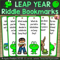 leap year riddle bookmarks with frog and frog characters on them for kids to read