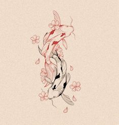 a drawing of two koi fish in water with flowers on the wall behind them