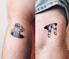 two tattoos on the legs of men, one with an astronaut and another with a surfboard