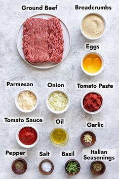 the ingredients for an italian meat sauce laid out on a white plate with text above it