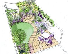 a drawing of a garden with tables and chairs