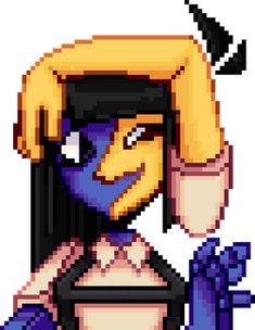 an image of a pixel art character with blue hair and yellow eyes holding a black object