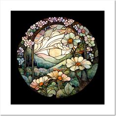 a stained glass window with flowers and trees in the background on a black wallpaper