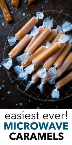 several caramels on a wire rack with text that reads easyest ever microwave caramels