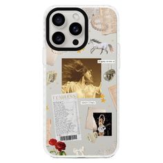 an iphone case with photos and text on it, featuring a woman's face