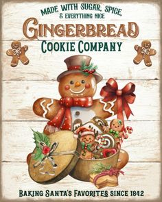 a wooden sign that says gingerbread cookie company with a snowman holding a bag of cookies