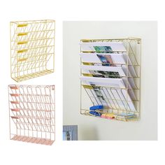 three different types of magazine racks hanging on the wall, one with magazines and one with pens