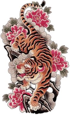 a tiger with flowers on it's back