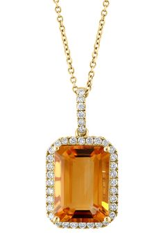 Glistening diamonds surround a citrine stone that suspends from a 14-karat-gold necklace. 18" length; 0.42"W x 0.89"L pendant Total citrine weight: 6.85ct. Total diamond weight: 0.47ct. Color: H–I Clarity: I2 14k gold/citrine/diamond Made in the USA Diamond Guide Jewellery Content, Diamond Guide, Citrine Stone, Diamond Pendant Necklace, Creative Arts, Diamond Pendant, Citrine, Creative Art, Nordstrom Rack