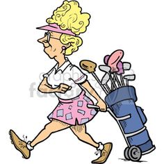 a woman is running with golf bags on her back and a cart full of golf clubs behind her