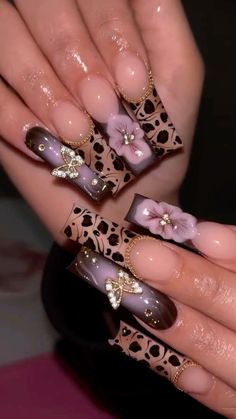 Nail Inspiration Birthday, Fall Nails Unique, Fall Y2k Nails, Purple And Brown Nails, Pink And Brown Nails Design, Nails Cute Aesthetic, Cheetah Print Nails, Punk Nails