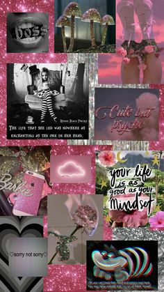 pink and black collage with hearts, flowers, and other things in the background