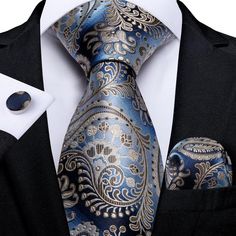 Blue Champagne Paisley Silk Tie Pocket Square Cufflink Set – STYLETIE Men Tie, Necktie Set, Wedding Tie, Men's Ties, Business Party, Tie For Men, Unique Ties, Paisley Tie, Cufflink Set