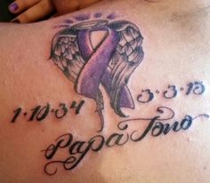 Got a pancreatic cancer ribbon with wings for my grandfather that passed away just a month after he found out he had stage 4 pancreatic cancer..love u and miss u papa tono Pancreatic Tattoos, Miss U Papa, Purple Memorial Tattoo, Mum Tattoos, Purple Ribbon Tattoo Alzheimers, Purple Ribbon Tattoo Pancreatic, Pancreatic Ribbon, Memorial Shirts