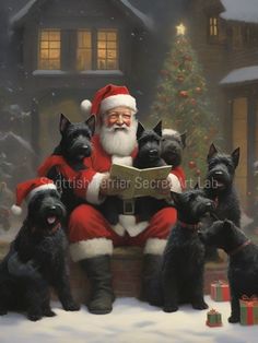 a painting of santa sitting on a bench with six black dogs in front of him