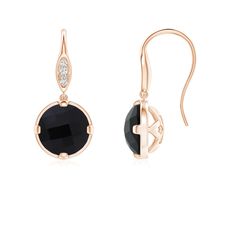 Stylish and elegant, these round black onyx earrings in 14k rose gold are a captivating pair. The stunning black onyxes are prong-set and linked to fish hooks, accented with sparkly diamonds. Black Earrings With Diamond Accents, Black Diamond Earrings With Accents, Black Diamond Earrings With Diamond Accents, Formal Black Diamond Earrings With Prong Setting, Black Diamond Earrings With Accents For Formal Events, Black Diamond Earrings With Accents For Formal Occasions, Black Round Diamond Earrings, Luxury Black Round Diamond Earrings, Black Onyx Earrings