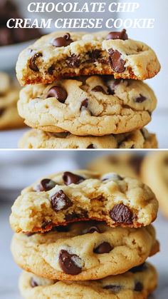 chocolate chip cream cheese cookies stacked on top of each other