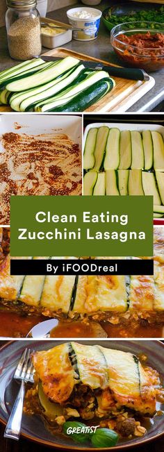 a collage of pictures with zucchini lasagna and other food items