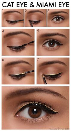 Cat Eye Makeup Tutorial, Make Up Diy, Gold Eyeliner, Eyeliner Designs, Eyeliner Hacks, Mekap Mata, Perfect Cat Eye, Cat Eyeliner, Cat Eye Makeup