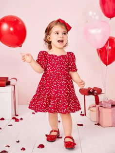 Baby Girls' Casual Short Sleeve Dress With Red Hearts & Polka Dot Pattern Red   Short Sleeve Woven Fabric Heart,All Over Print A Line,Smock Non-Stretch  Baby Girls Clothing, size features are:Bust: ,Length: ,Sleeve Length: Casual Short Sleeve Dress, Fabric Heart, Red Hearts, Vestido Casual, Red Collar, Polka Dot Pattern, Short Sleeve Dress