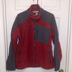 Nwot Red/Orange Fleece With Gray Nylon Trim Red Fleece Sporty Hooded Jacket, Red Casual Fleece Jacket With Pockets, Red Fleece-lined Hoodie For Fall, Sporty Red Fleece Jacket, Columbia Fleece Jacket, Orange Fleece, Columbia Fleece, Red Fleece-lined Outerwear For Outdoor, Columbia Jackets