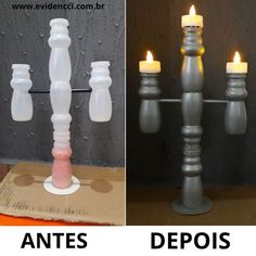 two pictures side by side, one with candles and the other with an empty candle holder