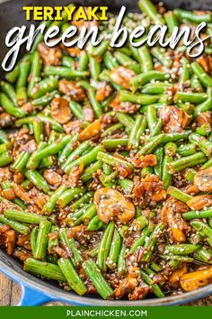 green beans with mushrooms and sesame seeds in a skillet