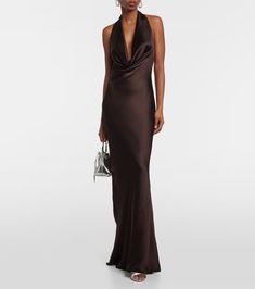 Draped halterneck gown in brown - Norma Kamali | Mytheresa Pewter Dress Bridesmaid, Gucci Bridesmaid Dresses, Black Tie Wedding Guest Aesthetic, Chocolate Brown Gown, Long Elegant Satin Dresses, Deep Brown Bridesmaid Dresses, Halterneck Bridesmaid Dresses, Black Tie Dress Black Women, Fall Black Tie Wedding Guest