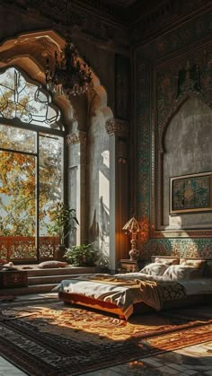 an ornate bedroom with large windows and rugs on the floor