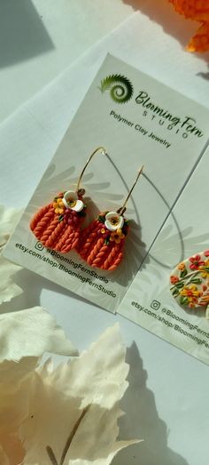 Orange Hoop Earrings With Ear Wire As Gift, Orange Hoop Earrings With Ear Wire For Gift, Gift Orange Hoop Earrings With Ear Wire, Handmade Orange Flower Earrings, Handmade Orange Dangle Flower Earrings, Handmade Artisan Orange Earrings, Fall Earrings, Floral Earrings, Clay Earrings