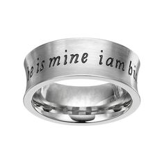 Display your devotion with this stainless steel he is mine, i am hisâ¦ ring.RING DETAILS Width: .25 in. Metal: stainless steel Inscription: he is mine, i am hisâ¦ Packaging: boxed   Size: 10. Color: Grey. Gender: female. Age Group: adult. Personalized Stainless Steel Engraved Ring For Promise, Stainless Steel Ring With Brushed Finish As Gift, Stainless Steel Ring With Brushed Finish For Gift, Brushed Finish Stainless Steel Rings For Gift, Stainless Steel Promise Ring With Engraving Option, Stainless Steel Ring With Engraving Option For Promise, Engraved Stainless Steel Promise Ring, Promise Jewelry With Engraving Option In Stainless Steel, Stainless Steel Jewelry With Engraving For Promise