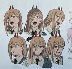 an anime character with horns on her head and four other characters in front of them