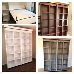 four different pictures of bookshelves with mattresses in them and one is empty