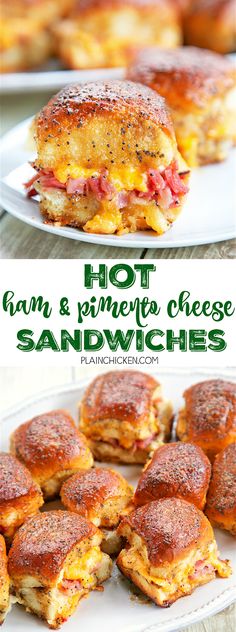 hot ham and pineapple cheese sandwiches on a white plate with green text overlay