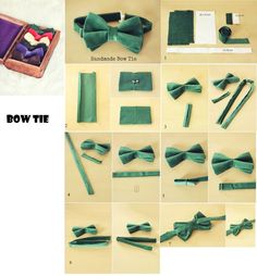 instructions for how to tie a bow tie with green satin ribbon and leather case in the shape of a book